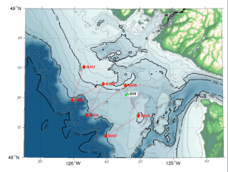 A map showing the waters off the west side of Vancouver Island and the zig-zag pattern the team has followed with the Moving Vessel Profiler.